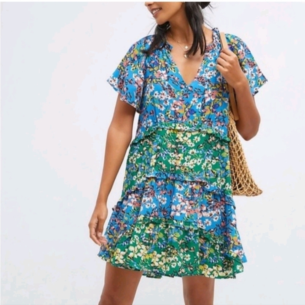 Anthropologie Robin Tiered Mini Dress Blue Green Floral XS